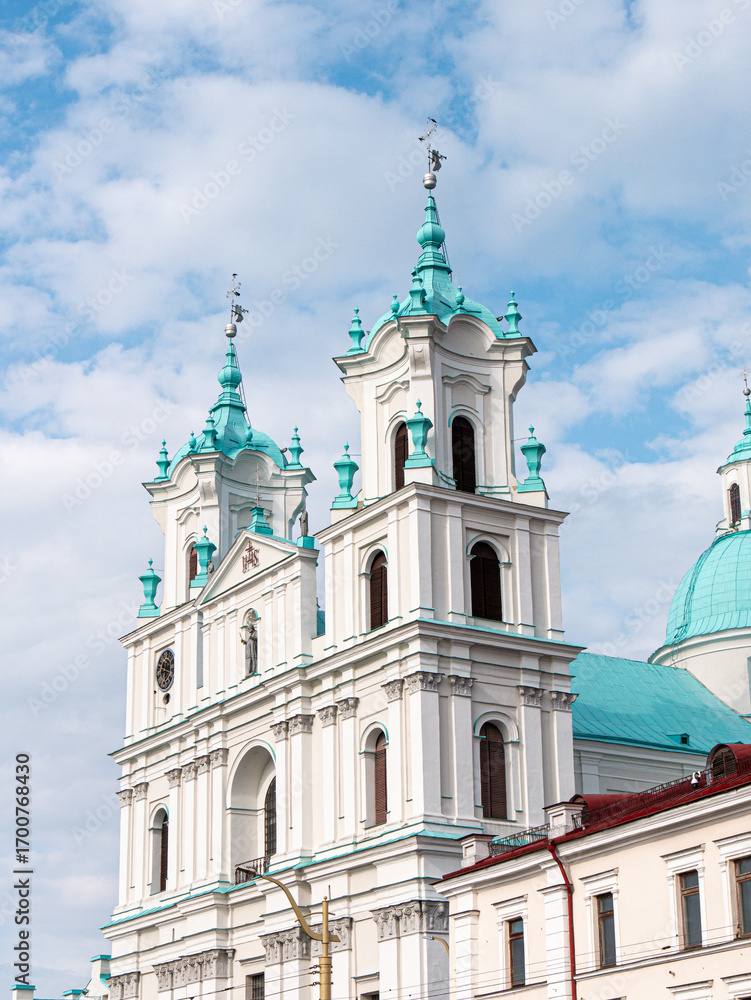 Fototapeta premium St. Francis Xavier Catholic Cathedral in Grodno, Belarus on a partly cloudy afternoon - portrait shot