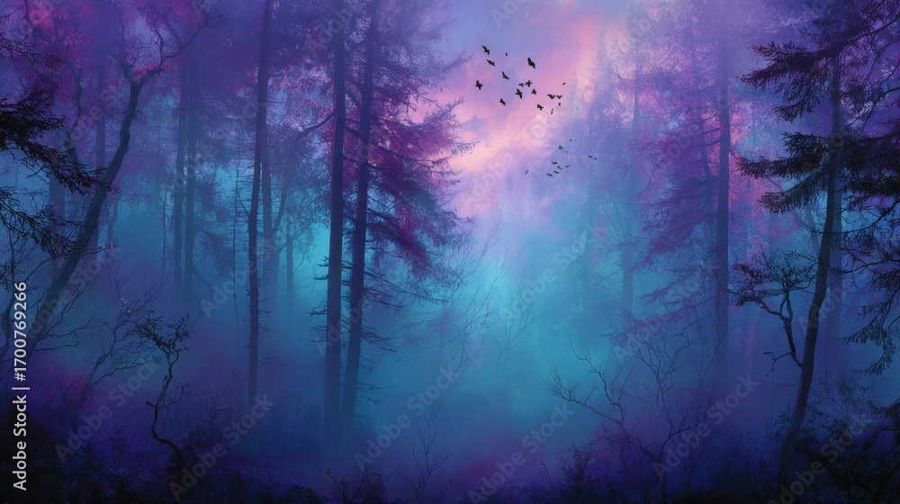 Fototapeta premium enchanting twilight forest scene with mystical purple and blue glowing mist and ethereal light filtering through trees with flying birds