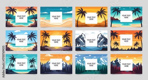A collection of scenic landscape vector illustration templates, featuring tropical beach sunsets and mountain views for travel and vacation banners