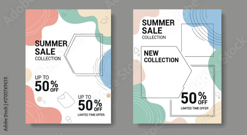 Set of modern promotional vertical banners for a summer sale, featuring abstract fluid shapes, geometric lines, and pastel colors