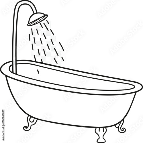 Hand Drawn Bathtub with Shower Head and Flowing Water bathroom