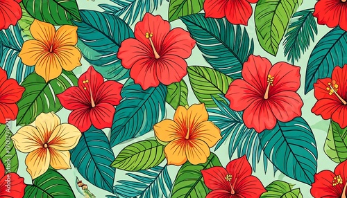 Wallpaper Mural Vibrant tropical hibiscus flowers and lush leaves create a cheerful and eye-catching repeating pattern on a pale teal background. Torontodigital.ca