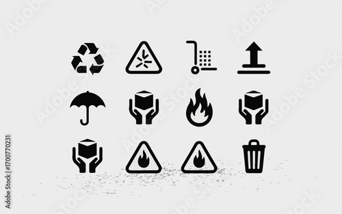 Black icons for handling fragile cargo and waste disposal recycling symbol fragile warning