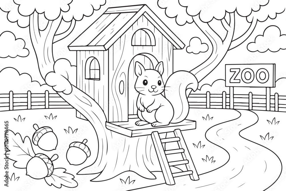Fototapeta premium hand drawn vector doodle illustration of Squirrel House coloring page for kids line art