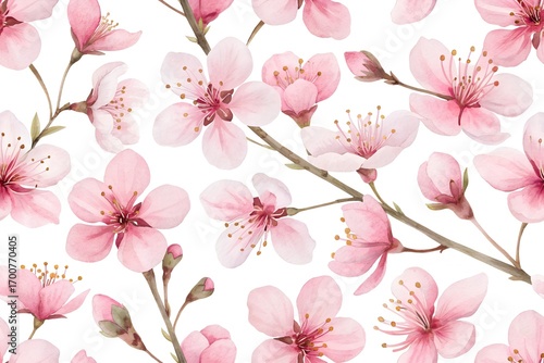 Pink cherry blossom watercolor seamless pattern isolated in the white background