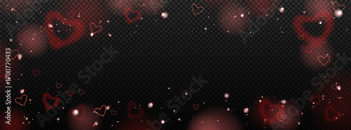 Abstract love background with gradient hearts, sparkles, flare light and shiny confetti on dark wallpaper. Stock vector illustration in romantic style.