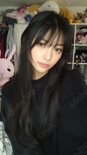 Beautiful Korean woman with long black hair and bangs posing in a cozy room filled with plush toys and colorful decor