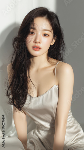 Korean woman in elegant silk dress poses gracefully with natural light illuminating her features in a serene indoor setting
