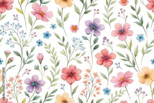 Watercolor floral seamless pattern with pink purple orange blue isolated in the white background