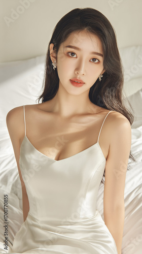 Elegant woman in silk dress posing gracefully on a bed in a stylish room with natural light in the background