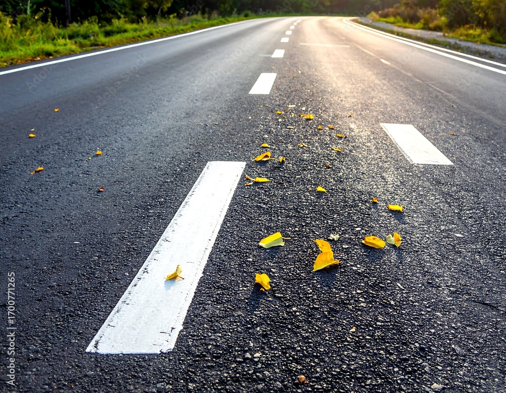 Fototapeta premium Autumnal road surface with scattered vibrant yellow leaves and white lane markings.