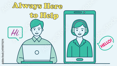 Vector art of customer service representative on phone and laptop helping client