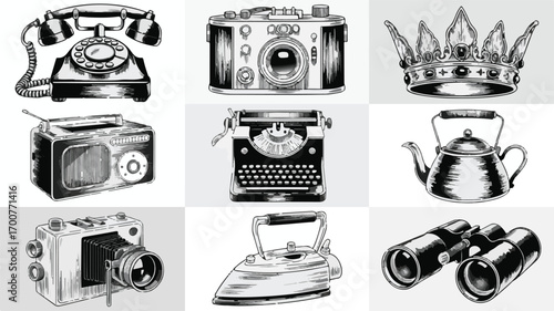 Vintage objects collection black and white illustration telephone camera
