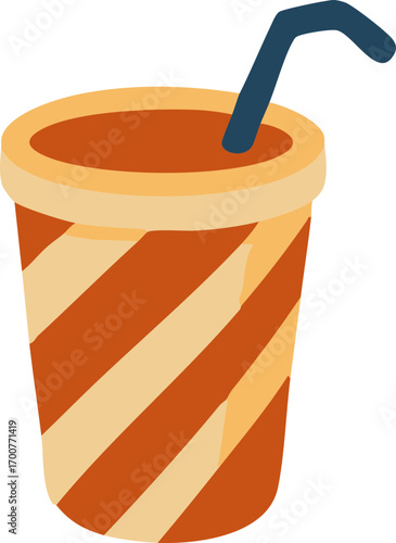 A striped orange and beige takeaway cup with a dark blue straw, reminiscent of a soda or juice container.