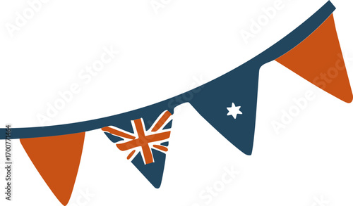 A garland of triangular flags in orange and blue with a pattern of the Australian flag and stars, symbolising the festive national holiday.