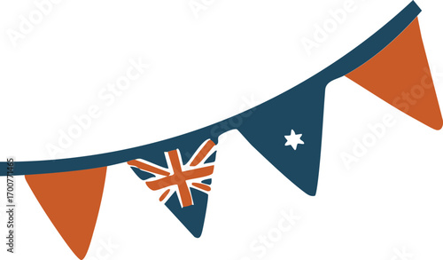 A garland of triangular flags in orange and blue with a pattern of the Australian flag and stars, symbolising the festive national holiday.