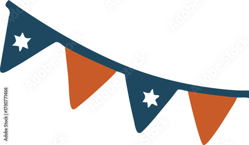 A decorative garland of triangular flags in alternating blue with white stars and plain orange, symbolizing a festive and patriotic celebration.