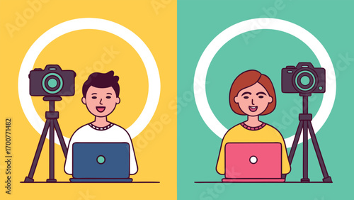 Vector art of man and woman filming content with camera and laptop