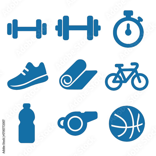 Blue fitness icons with neon glow on gradient background