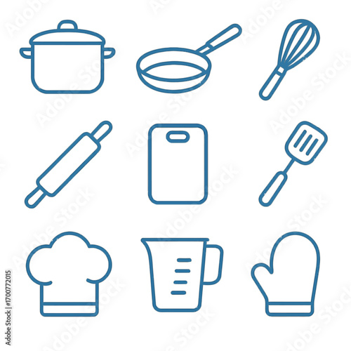Blue linear kitchen utensils on gradient background