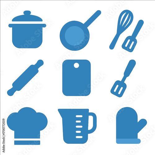 Blue kitchen utensils set in soft focused silhouette style