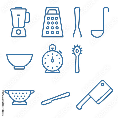 Kitchen utensils: linear blue icons with modern design