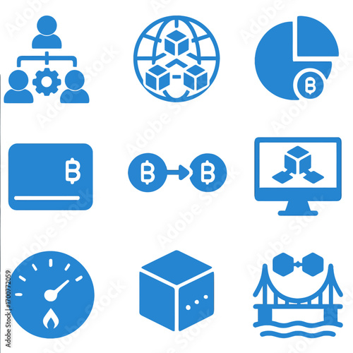 Blue cryptocurrency icons set featuring blockchain and data analytics elements