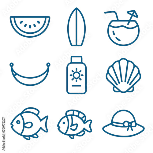 Summer icons in modern linear design with beach and vacation themes