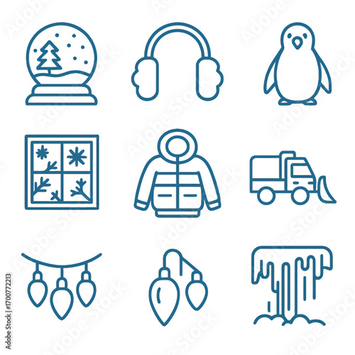 Winter icons: cozy clothing, snowy elements, and festive decorations in blue gradient design