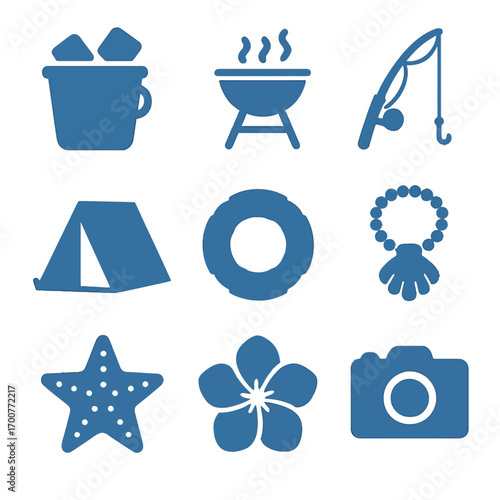 Camping and outdoor adventure icons on blurred background