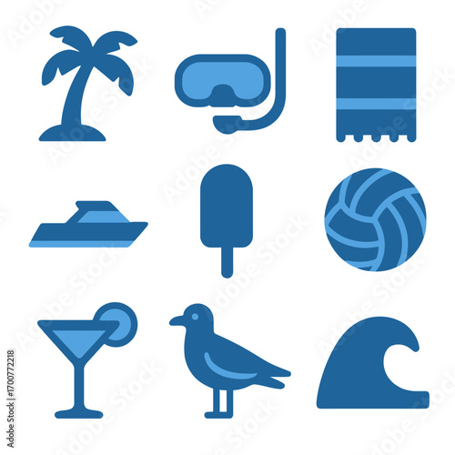 Stylized blue beach icons with summer elements and tropical themes for travel design