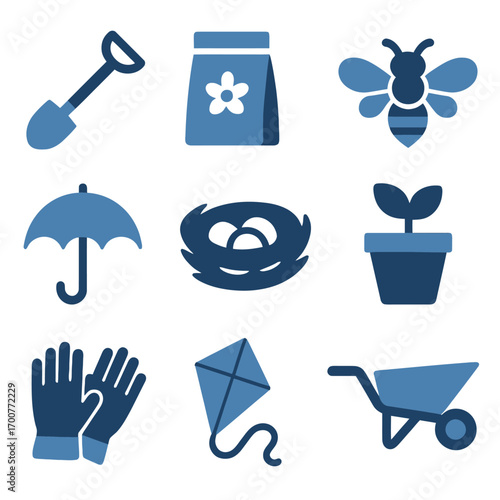 Glow themed gardening and nature icons set on a dark background