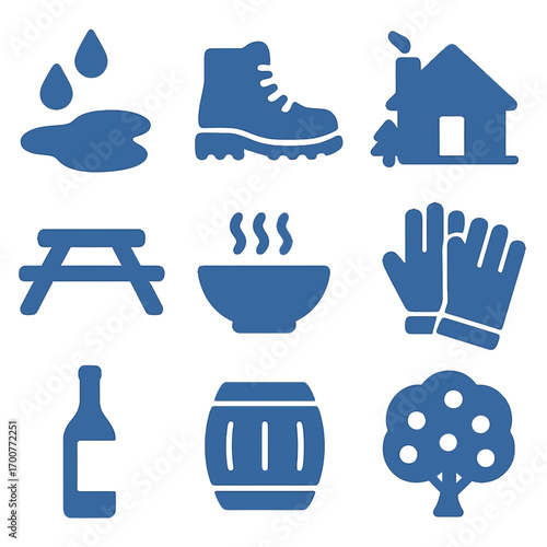 Monochrome silhouette icons of camping and outdoor activities