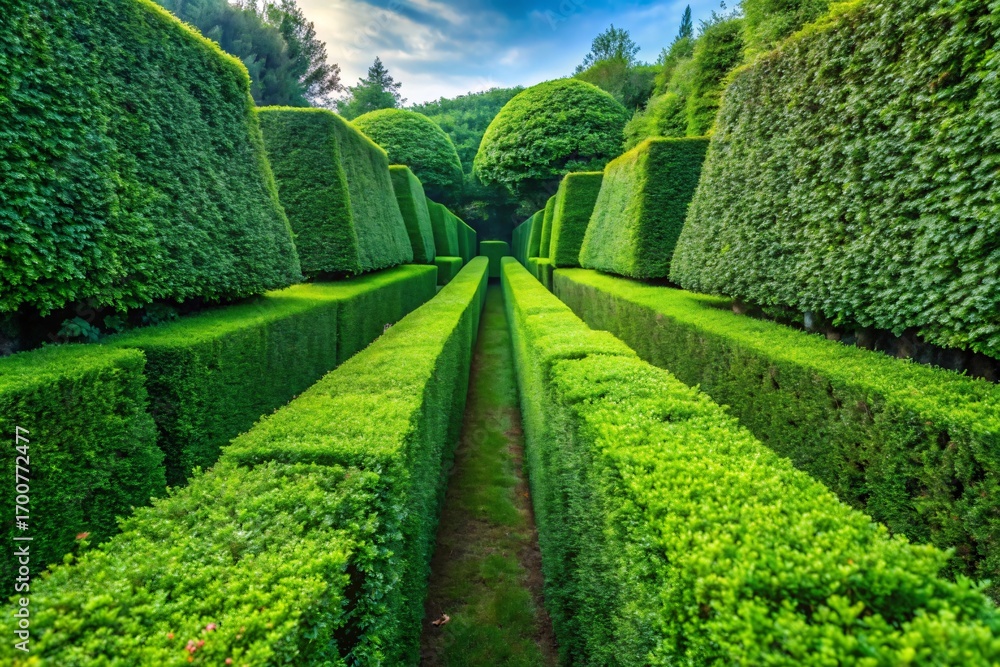 Naklejka premium A beautifully manicured garden with tall, geometric hedges forming a symmetrical pathway.