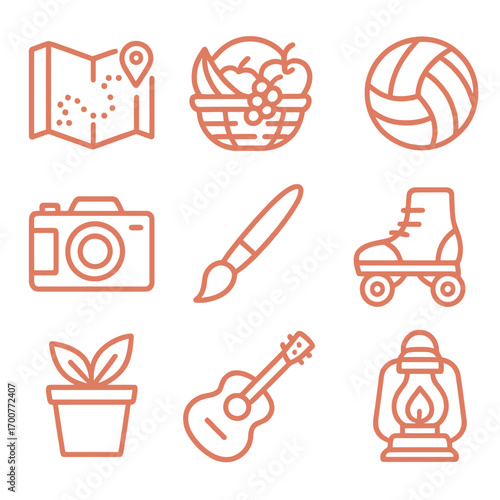 Neon icons of hobbies and activities: travel, art, sports and music