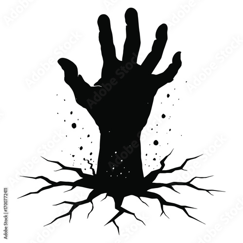 Black silhouette of a zombie hand emerging from cracked ground isolated on white background