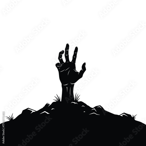 Black silhouette of a zombie hand emerging from ground isolated on white background