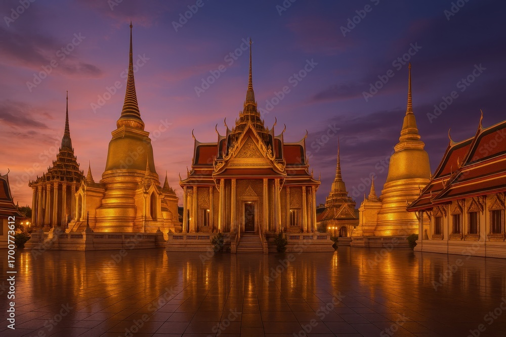 Fototapeta premium The magnificent golden spires and ornate architecture of Wat Phra Kaeo at the Grand Palace in Bangkok, Thailand, glowing warmly against a dramatic sunset sky.