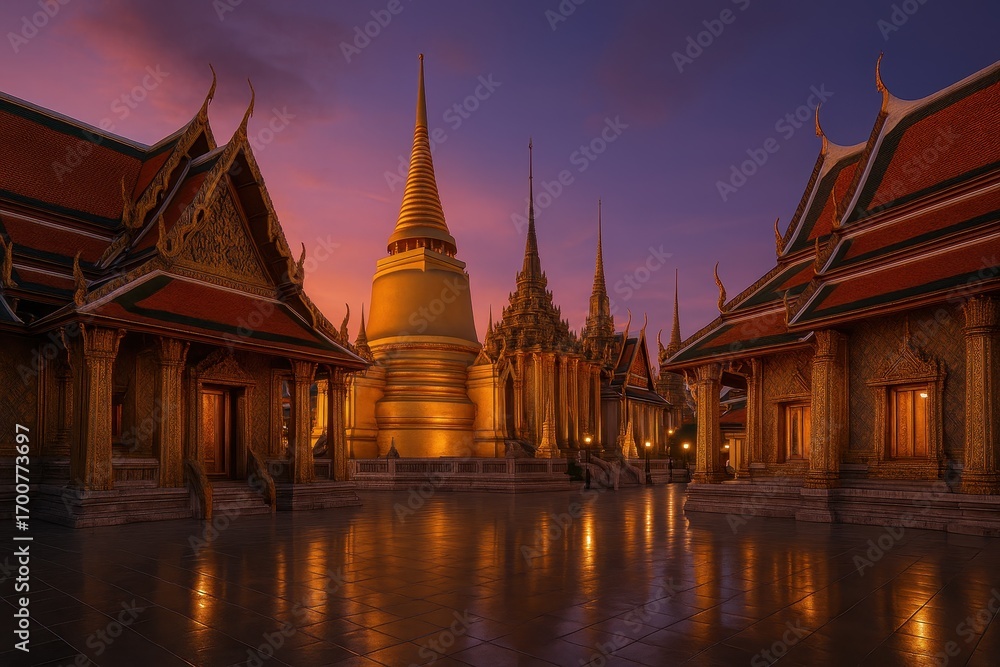 Fototapeta premium The magnificent golden spires and ornate architecture of Wat Phra Kaeo at the Grand Palace in Bangkok, Thailand, glowing warmly against a dramatic sunset sky.