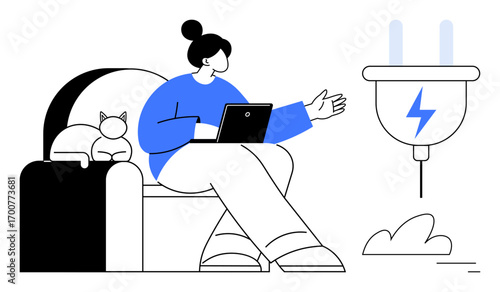 Woman sitting on a chair with a laptop, pet cat nearby, gesturing at a large plug. Ideal for themes thumbs up remote work, energy, balance, pets, connection, technology and a simple landing page