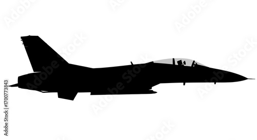 Silhouette of a modern fighter jet aircraft with a single pilot cockpit, viewed from the side against a white background.