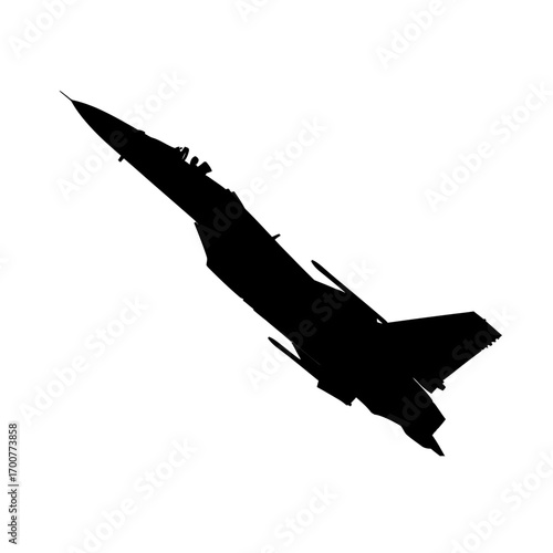 Silhouette of a fighter jet in flight, showcasing its aerodynamic design and structure against a white background.