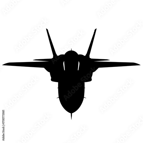 Silhouette of a modern jet fighter aircraft, viewed from directly above.