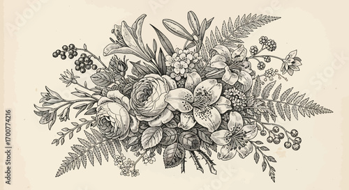An elegant botanical floral illustration in monochrome.