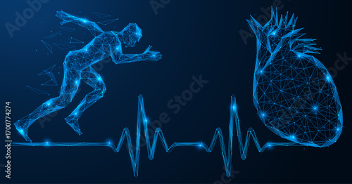 The power of movement and rhythm. An athlete running along the pulse line to the heart. The concept symbolizes health, cardiology and the importance of physical activity to strengthen the body.