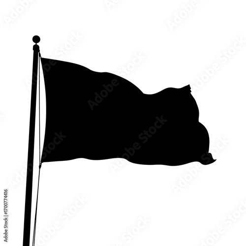 A silhouette of a black flag waving in the wind on a flagpole against a plain white background.