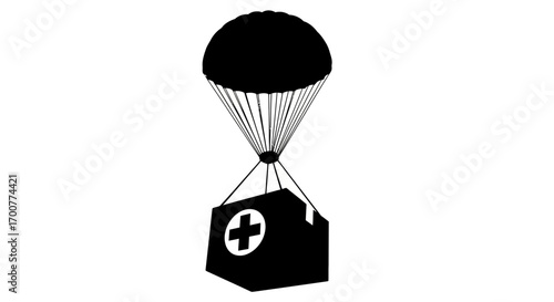 A black and white illustration of a medical kit being dropped by parachute.