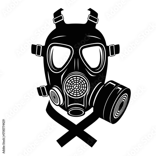 Monochrome gas mask illustration with crossed straps, safety equipment.