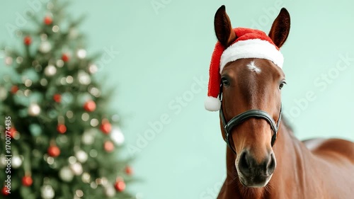 Wallpaper Mural A brown horse wearing a Santa hat standing in front of a decorated Christmas tree. Torontodigital.ca