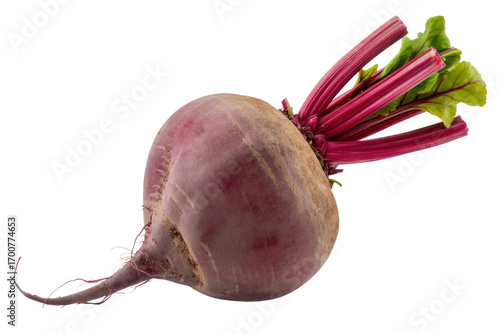 A single beetroot with its vibrant red leaves and roots, isolated on a transparent background. background removed